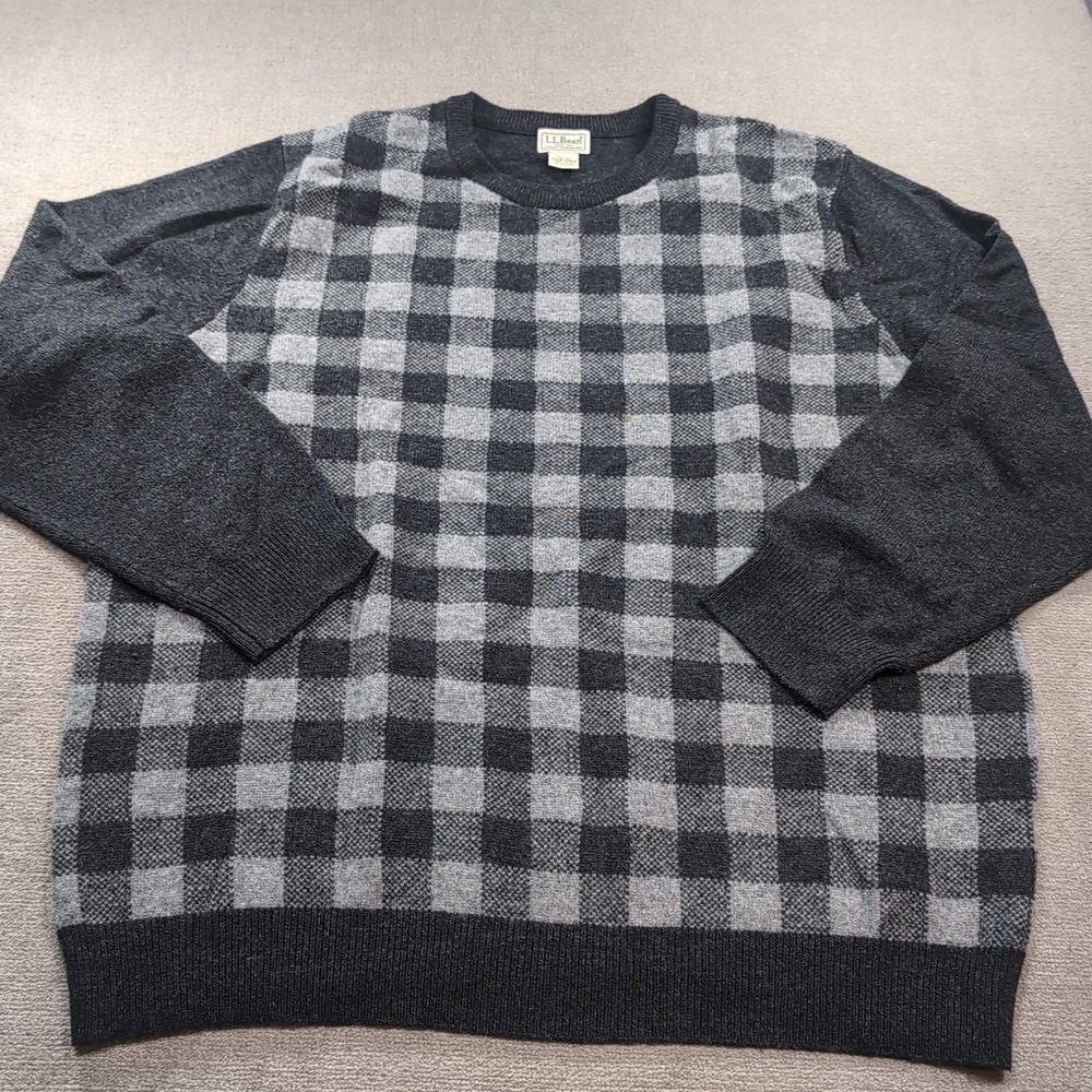VTG LL Bean 100% Wool USA Crew Neck Gray Plaid Sweater Mens 2xl‎ XXL